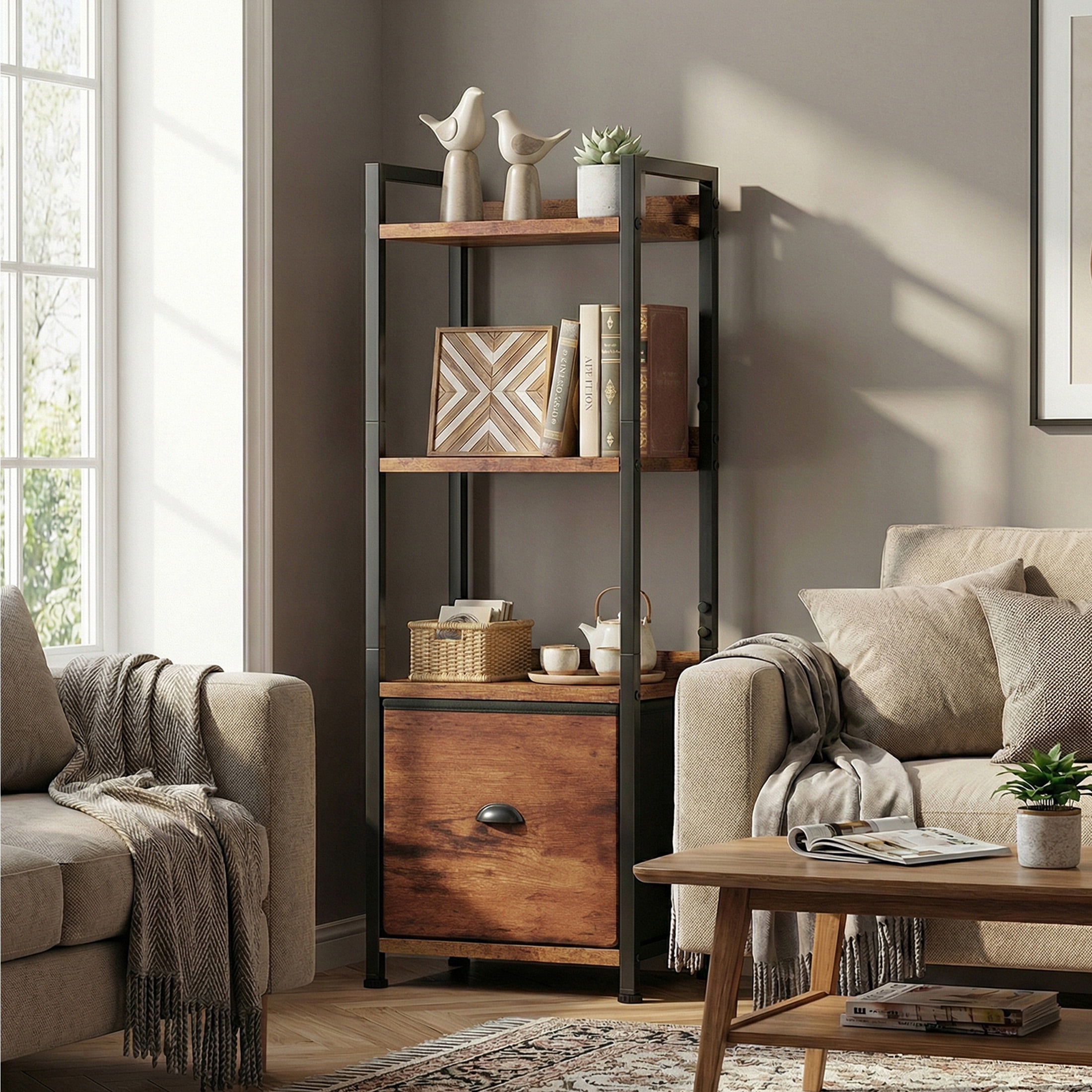 EDX 4 Tier Bookshelf with Drawer, 43''Tall Narrow Bookcase with Shelves, Industrial Display Standing Shelf Unit for Bedroom, Living Room, Rustic Brown