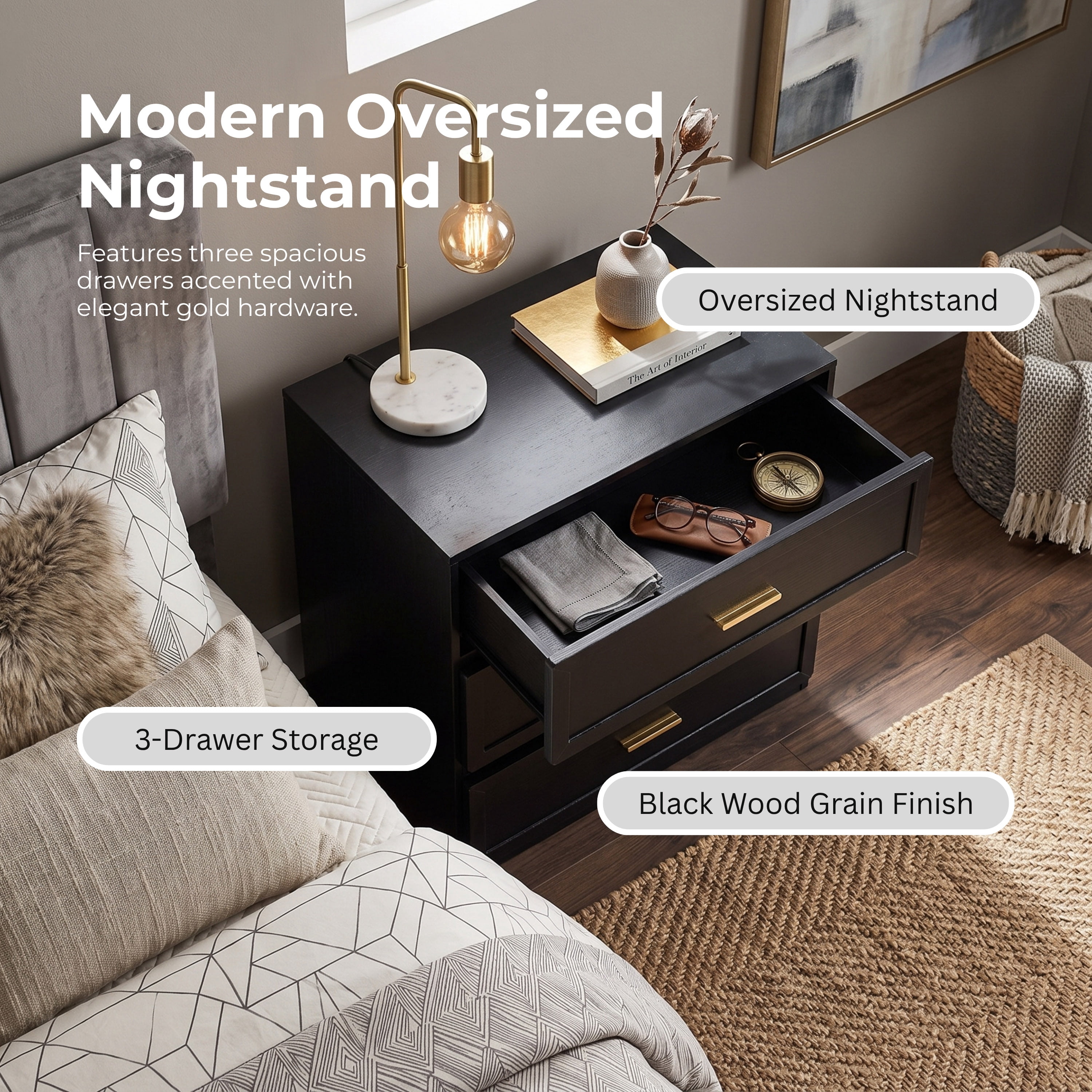 Furniture of America Rivor Modern Wood 3-Drawer Tall Nightstand, Black