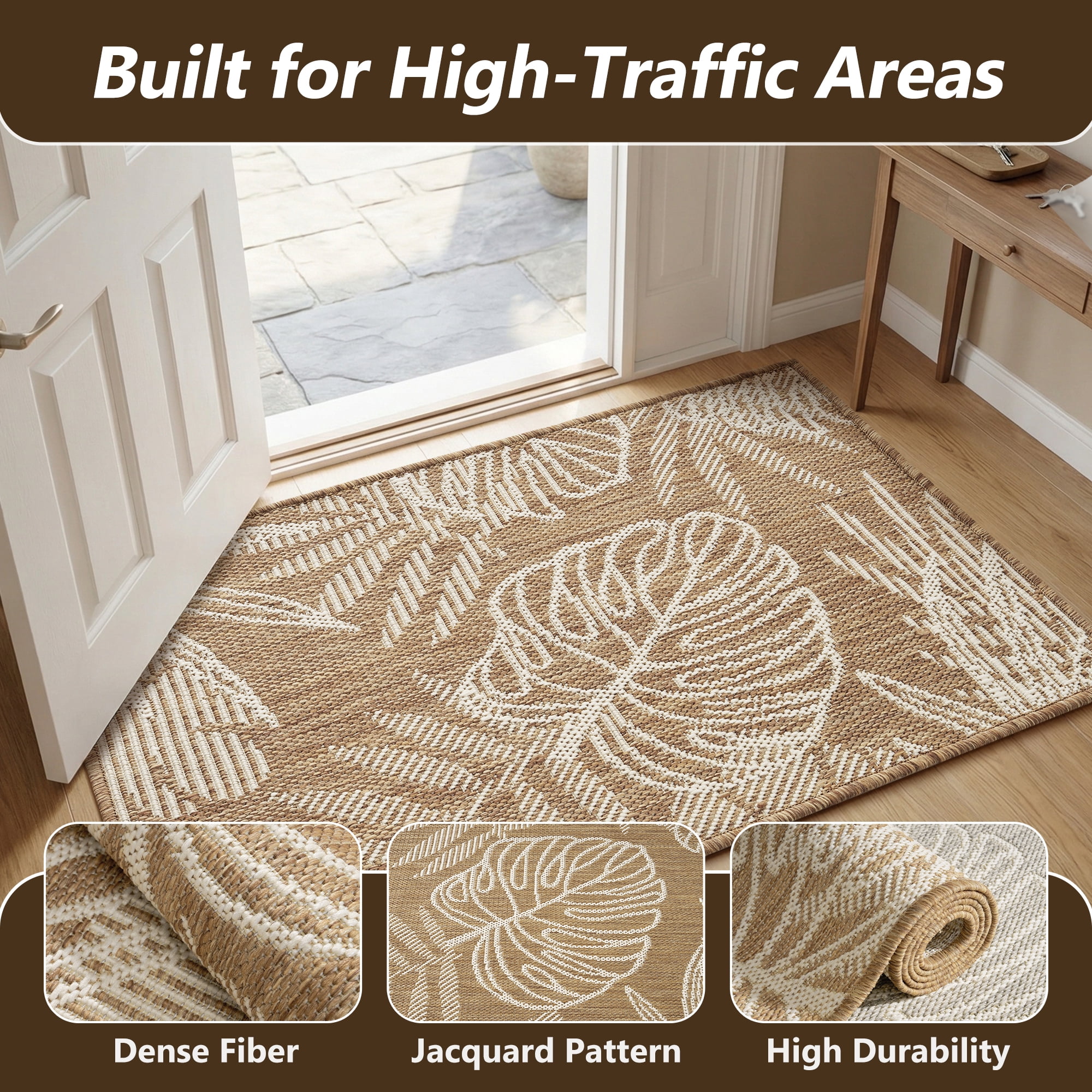SIXHOME Outdoor Mat 2'x3' Front Door Mat Tropical Indoor Entryway Doormat Polypropylene Washable Non Shedding, Easy Clean, Waterproof, Durable Outdoor Doormat Neutral Brown