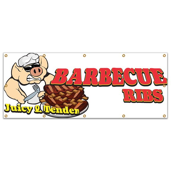SignMission B-120 Barbecue Ribs19 120 in. Barbecue Ribs Banner with Concession Stand Food Truck Single Sided