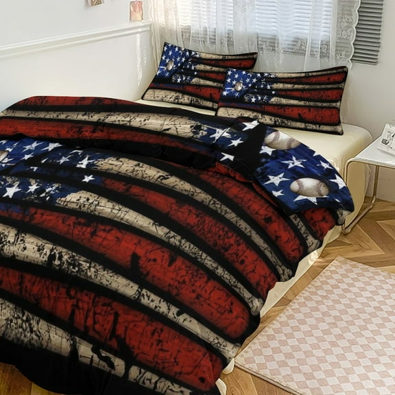 3 Pcs Soft Bedding Set, Includes 1 Duvet Cover with Zipper And 2 Pillow Shams,American Flag Baseball Twin(86"x70")