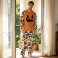 thumbnail image 3 of Men's Halloween Pajama Set Long Sleeve Raglan Soft Cotton Loungewear with Print Top & Full Length Pants for Home Night Beige L, 3 of 6