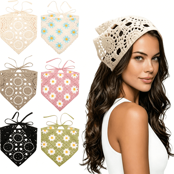 TELOLY 6 Pieces Hair Bandanas Crochet, Knit Head Scarf Bandana Vintage Headband Scarf Tie-Back Floral Daisy Head Coverings