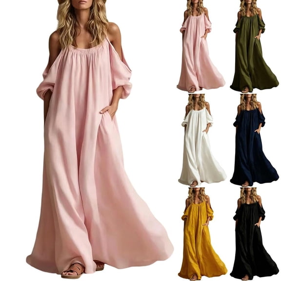 Bxsruta Womens Casual Maxi Dress Off The Shoulder Long Sleeve Flowy Sundress Loose Beach Dress
