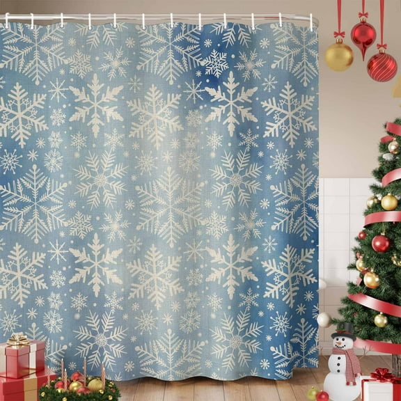 Christmas Snowflake Shower Curtain, Vintage Watercolor Snow Pattern Waterproof Fabric Shower Curtains with 12 Hooks, Bathroom Curtain Set for Bathroom Accessories Decor, 60 x 72 Inches