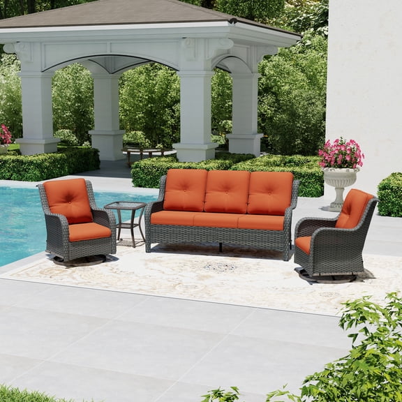Joyside 4 Piece Wicker Patio Set with 3-Seat Sofa, 2 Swivel Rocking Chairs & Side Table, Outdoor Furniture Sectional Conversation Set for Deck Porch, Orange