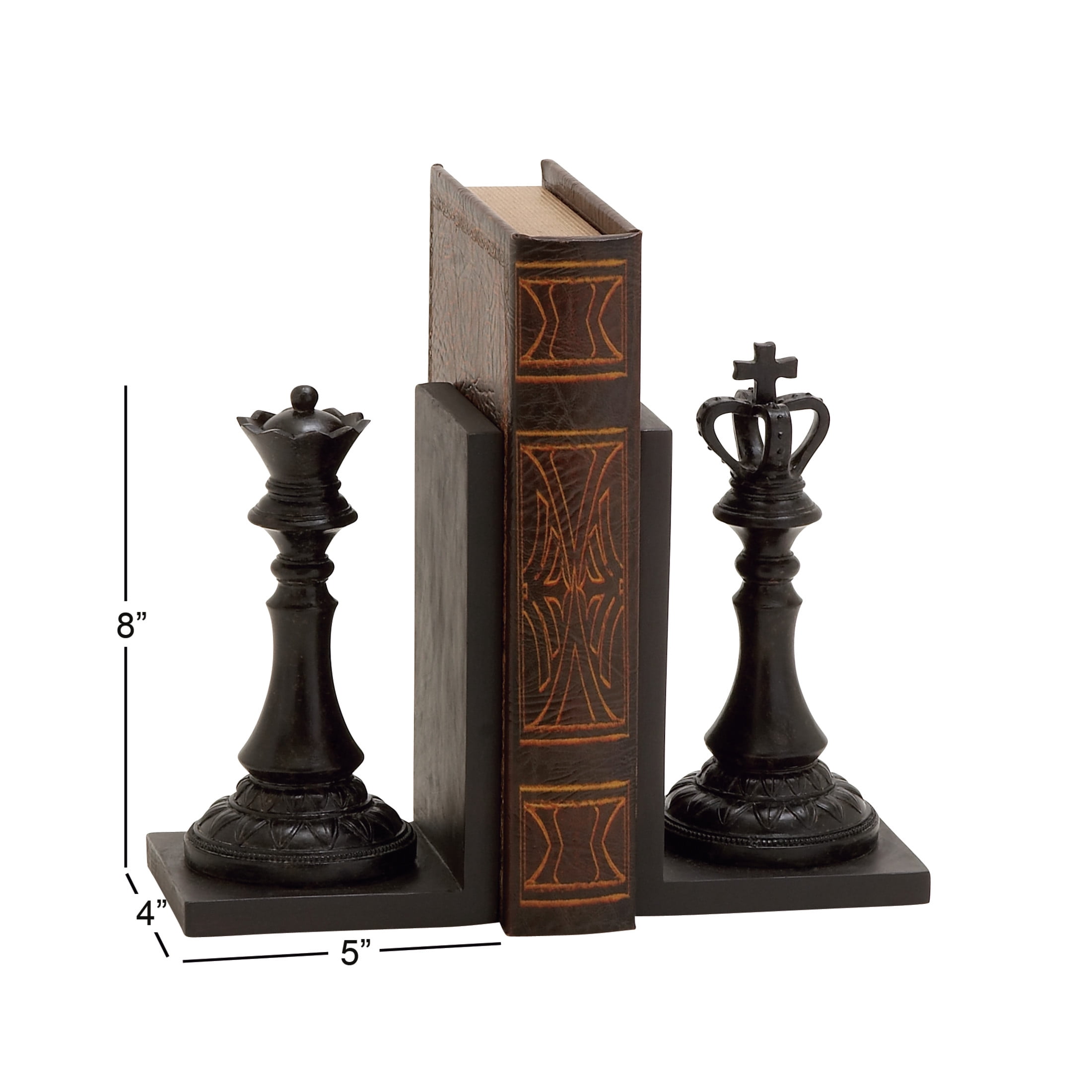 DecMode 5" Chess Black Polystone Bookends with King and Queen (Set of 2)