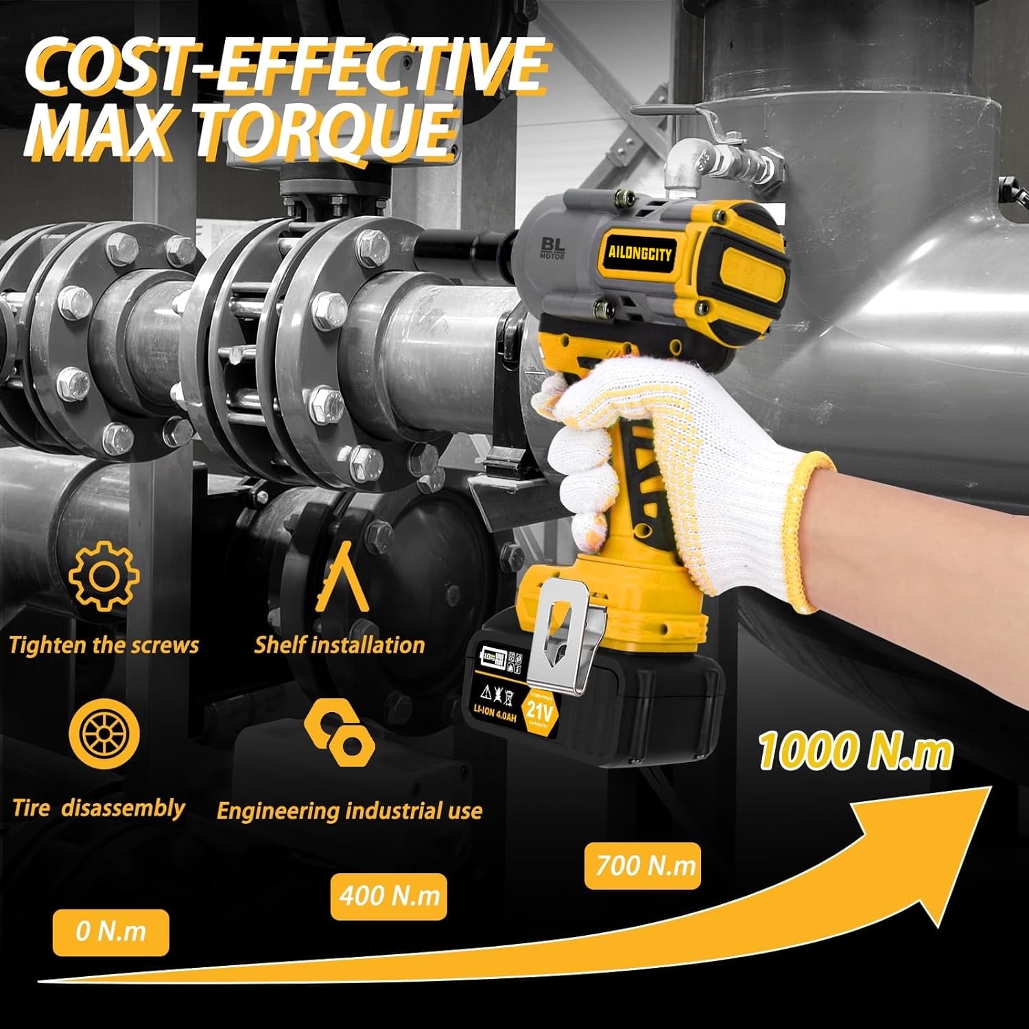 1000N.m(740ft-lbs) Cordless Impact Wrench, 1/2 Inch High Torque Brushless 21V Impact Gun w/ 2 x 4.0Ah Battery & Fast Charger & 5 Sockets, Pistola De Impacto for Home Car Tires Truck Mower
