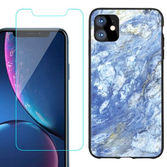 For Apple iPhone 11 Phone Case , Slim-Fit TPU Protective Case (Black), with Tempered Glass Screen Protector, by OneToughShield ® - Marble / Gem Blue