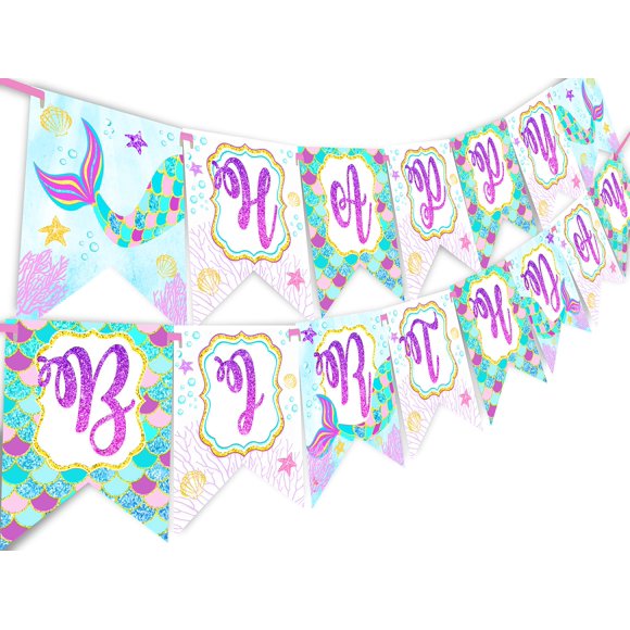 Mermaid Glitter Happy Birthday Banner Pennant - Under The Sea Banner - Glitter