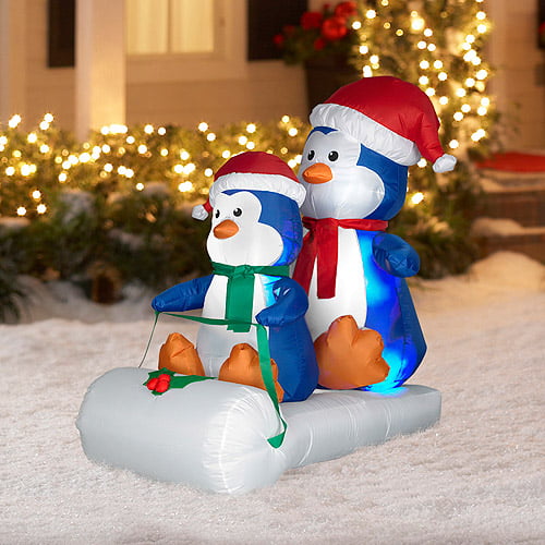 4' Tall x 3' Long Airblown Penguins on Sled Christmas Inflatable