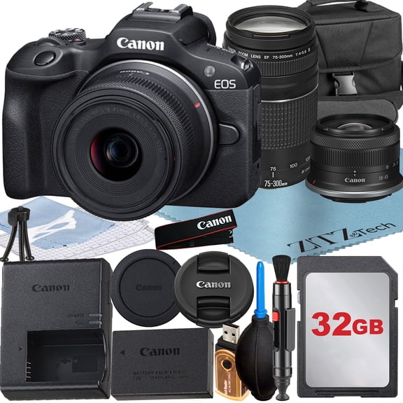 Canon EOS R100 Mirrorless Camera with RF-S 18-45mm   EF 75-300mm Lens   32GB Memory Card   Case   ZeeTech Accessory Bundle (International Version)