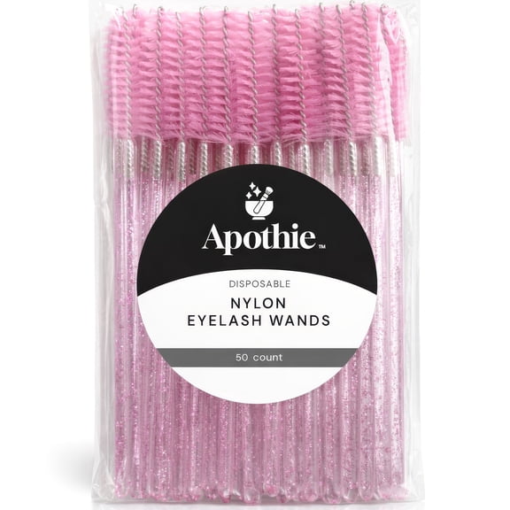 Apothie 50 Pieces Nylon Traditional Disposable Mascara Eyelash Wands Pink Crystal- Eyebrow & Lash Extension Spoolie Brushes, Comb Separator, Microblading Tool, Applicator