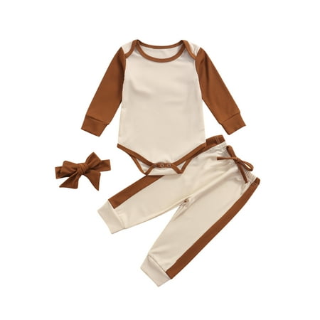

Jkerther Newborn Infant Baby Boy Girl 3Pcs Fall Outfits Color Block Romper + Pants + Headband