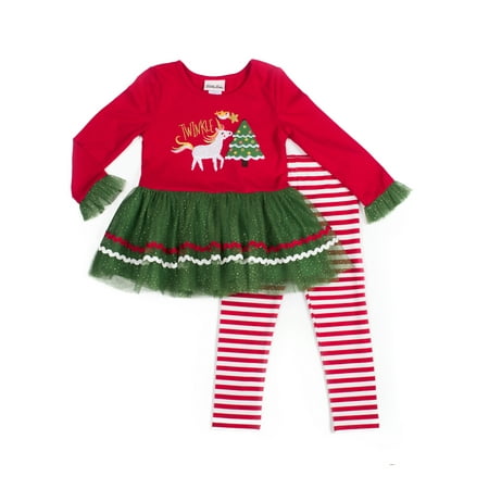 Little Lass Christmas Holiday Tutu Tunic and Legging, 2-Piece Outfit Set (Little Girls)