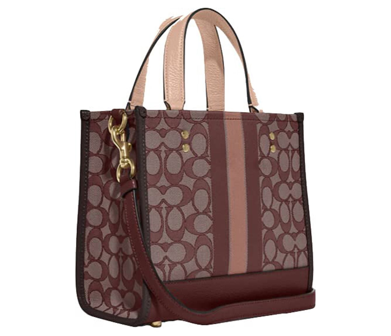 coach women's bags coach dempsey signature jacquard tote travel bag Outlet 22 In With Stripe And Coa Signature jacquard and refined pebble leather Inside zip cell phone and multifunction pockets Snap closure fabric lining Handles with 5 1/4 drop Detachable strap with 20 drop for shoulder or crossbody wear 11 1/2 (L) x 8 3/4 (H) x 5 (W) Style No. Coach Signature Jacquard Dempsey Tote