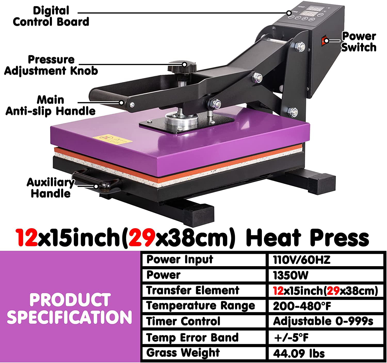 WELBEST Heat Press Machine 15x15, Purple 