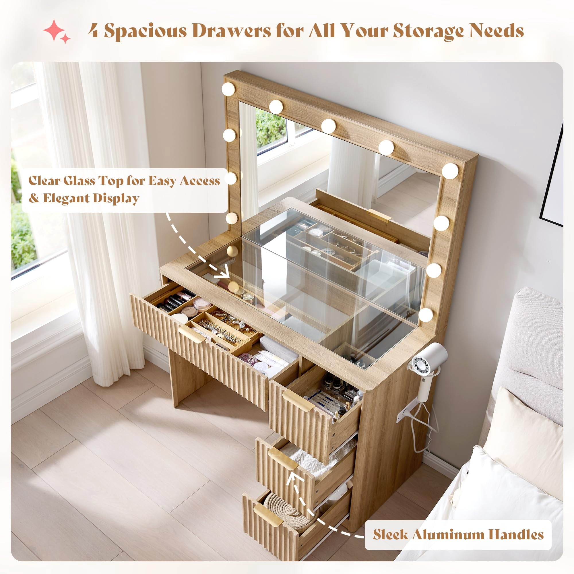 Merluxy 36.2" Girls Vanity Desk with Large Mirror and LED Lights, 4 Drawers Makeup Table with Glass Top and Charging Station for Women and Girls, Oak