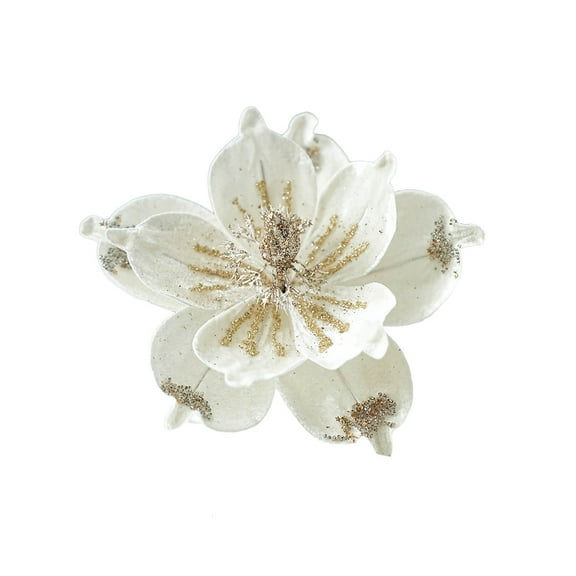 Artificial Christmas Magnolia Flowers Glitter Velvet Poinsettia Floral Picks for Christmas Wreath Tree Ornaments Flowers Decorations Wedding Centerpiece (White Magnolia)