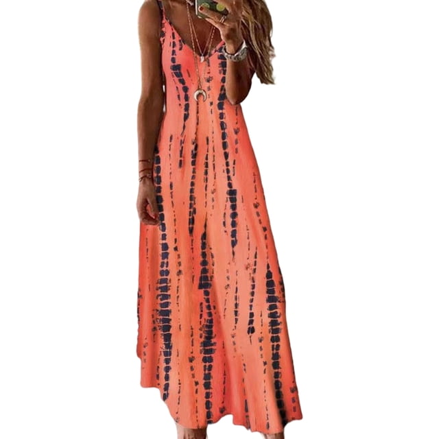 LUXUR Robe Longue Maxi pour Femmes à Col en V, Robe d'Été de Plage Sans Manches, Combinaison, Style Bohème Teinture sur Nœuds Orange 5TG