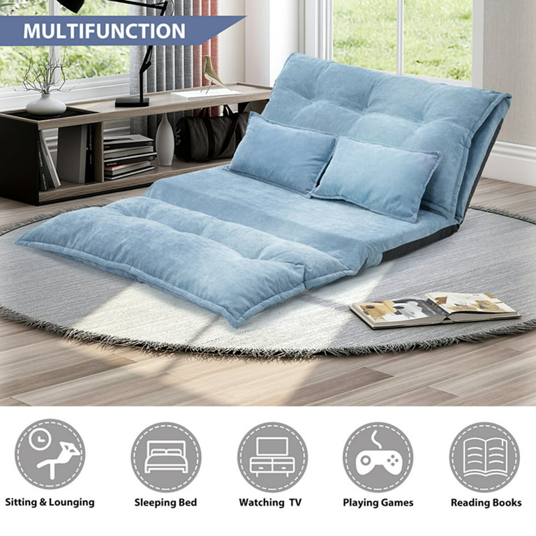Floor Sofa Bed with 2 Pillows, Folding Futon Couch with Tufted Ergonomic  Back Leisure Lazy Sofa with 5 Adjustable Reclining Position Floor Lounger  for