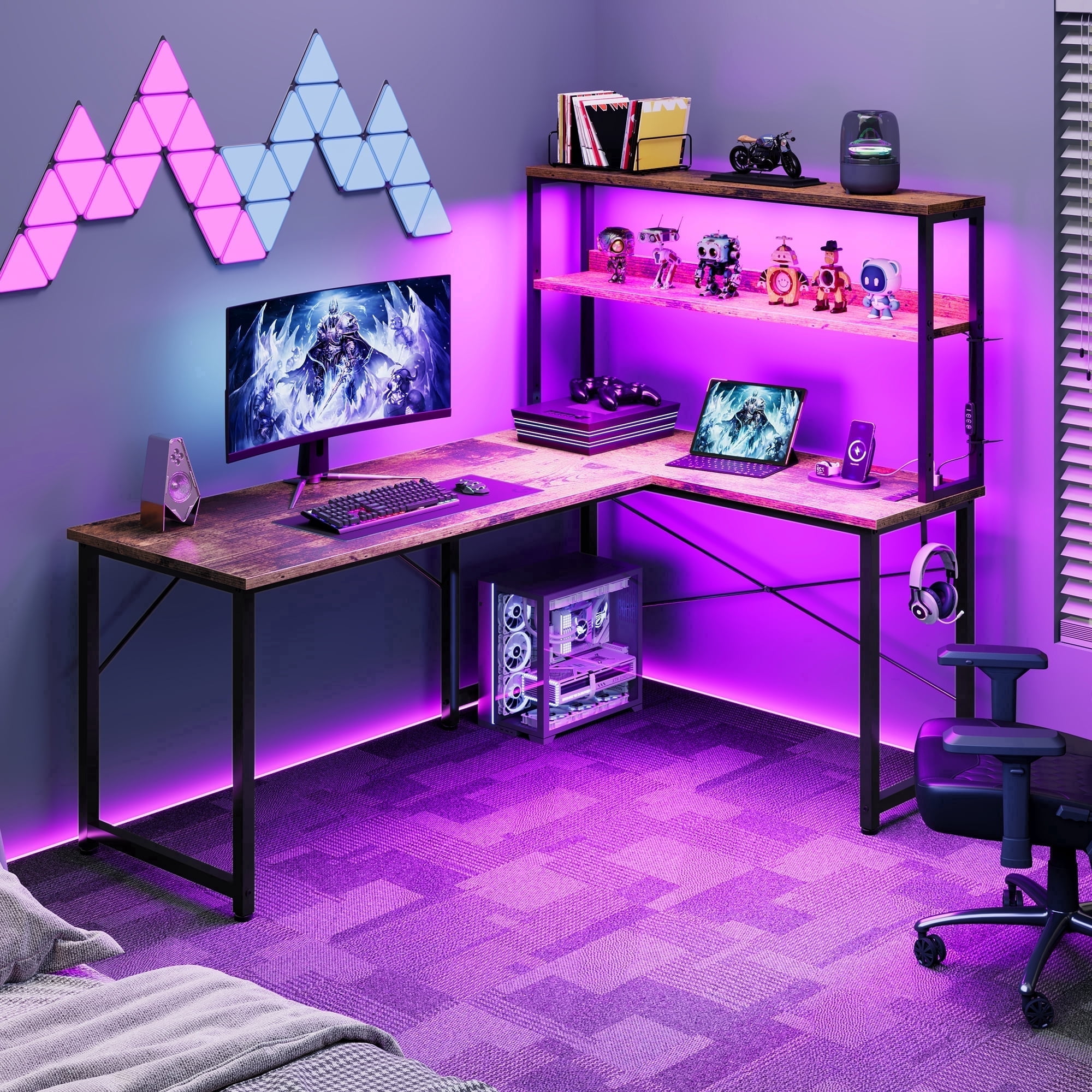 Casacomoda 53 Inch L Shaped Desk with LED Light & Power Outlet, Reversible L Shaped Computer Table with Shelf & Hook for Home Office, Vintage