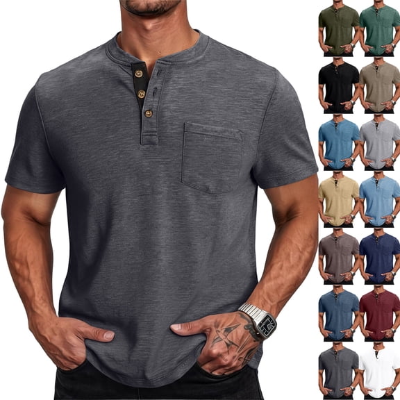 Men's Henley Shirts Short Sleeve Button Cotton Tee with Chest Pocket, Casual Summer Lightweight Classic T-Shirt Tops ,S,Dark Gray