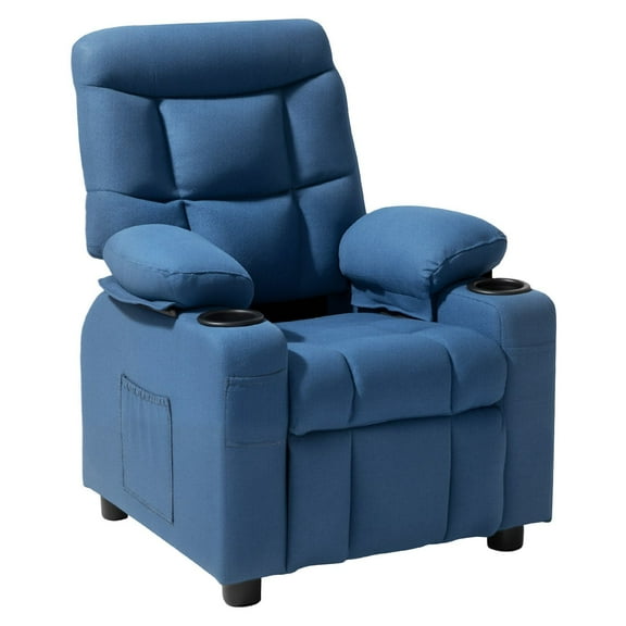 Kids Recliner Chair with Cup Holder Pocket Adjustable Backrest 107 to 126 Degrees Breathable Polyester Sofa Footrest for Boys Girls Blue