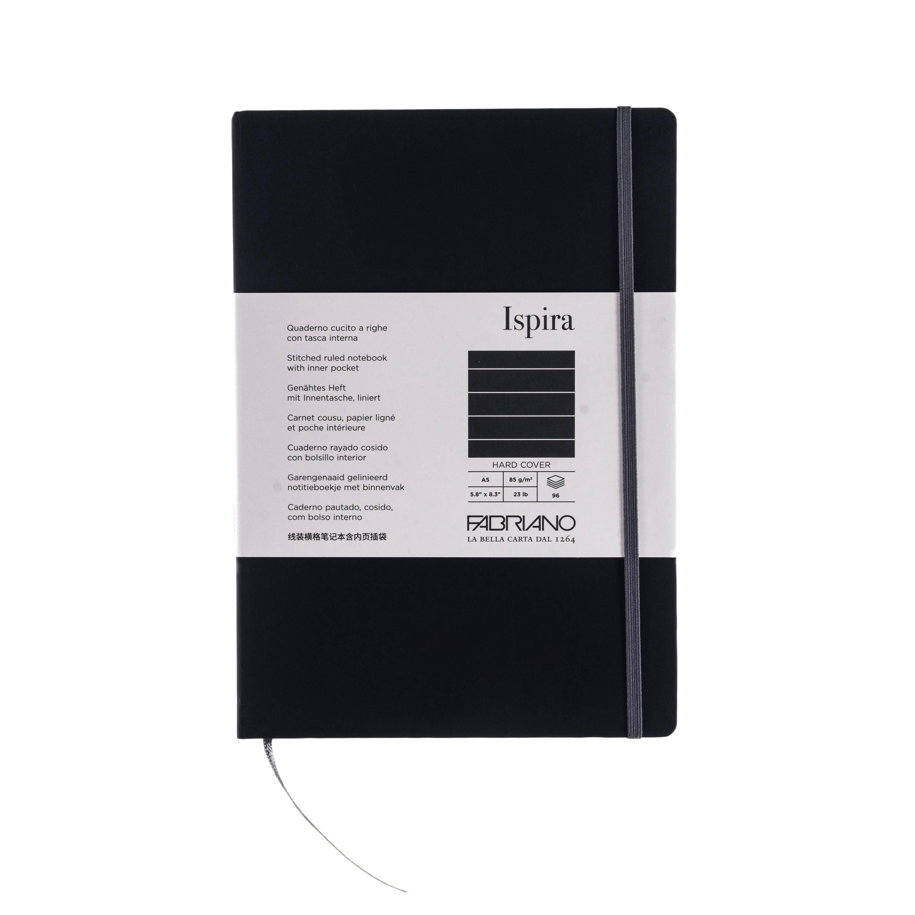 Fabriano Ispira Hard-Cover Notebook, 5.8" x 8.3", A5, Lined, Black
