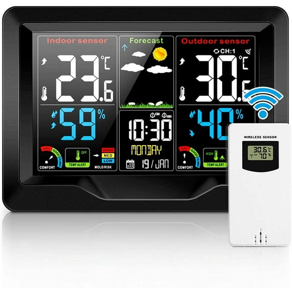 Weather Stations Wireless Indoor Outdoor Thermometer and Humidity Monitor, LCD Color Display Digital Weather Forecast Station with Calendar Dual Alarm Color Adjustable Backlight for Home, Office