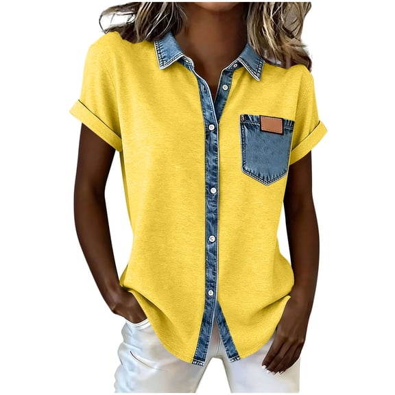 hotojiny Women's Button Down Shirts Short Sleeve Collared Jean Western Shirts Summer Tops Dressy Casual Work Denim Blouses