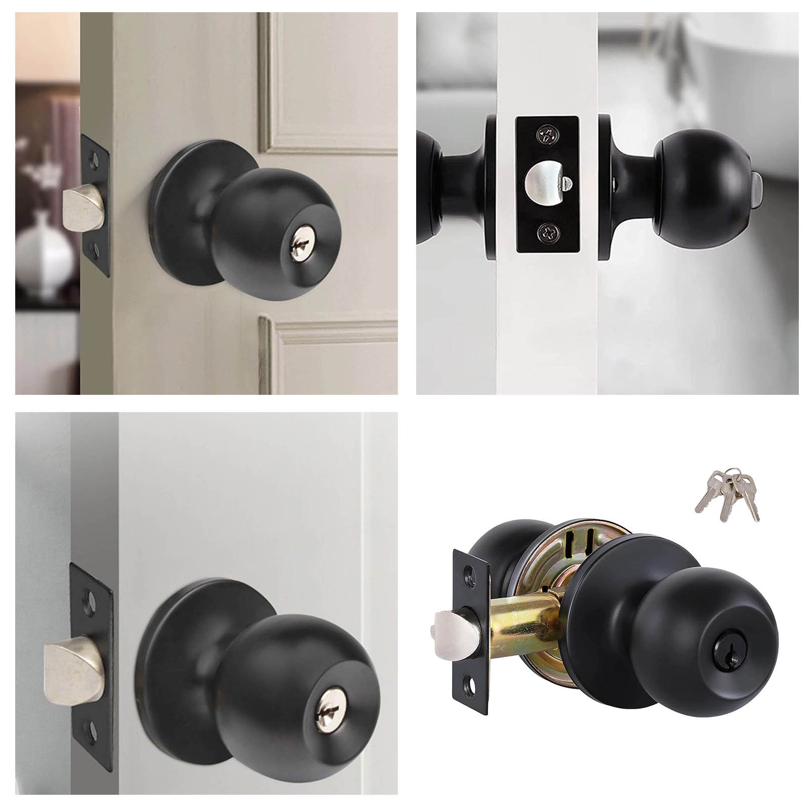 Black Entry With Key Door Lockset Knobs Flat Keyed Entrance Lock Knobs ...