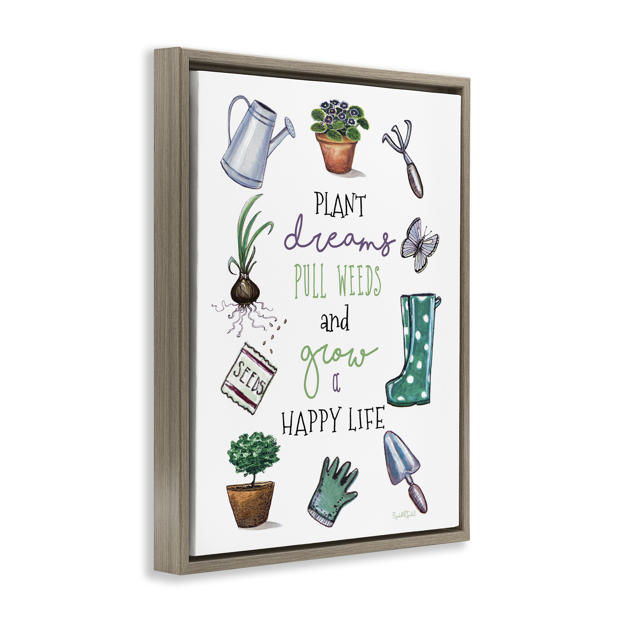 Stupell Industries Grow a Happy Life Botanical & Floral Painting Brown Floater Framed Art Print Wall Art, 17 x 21