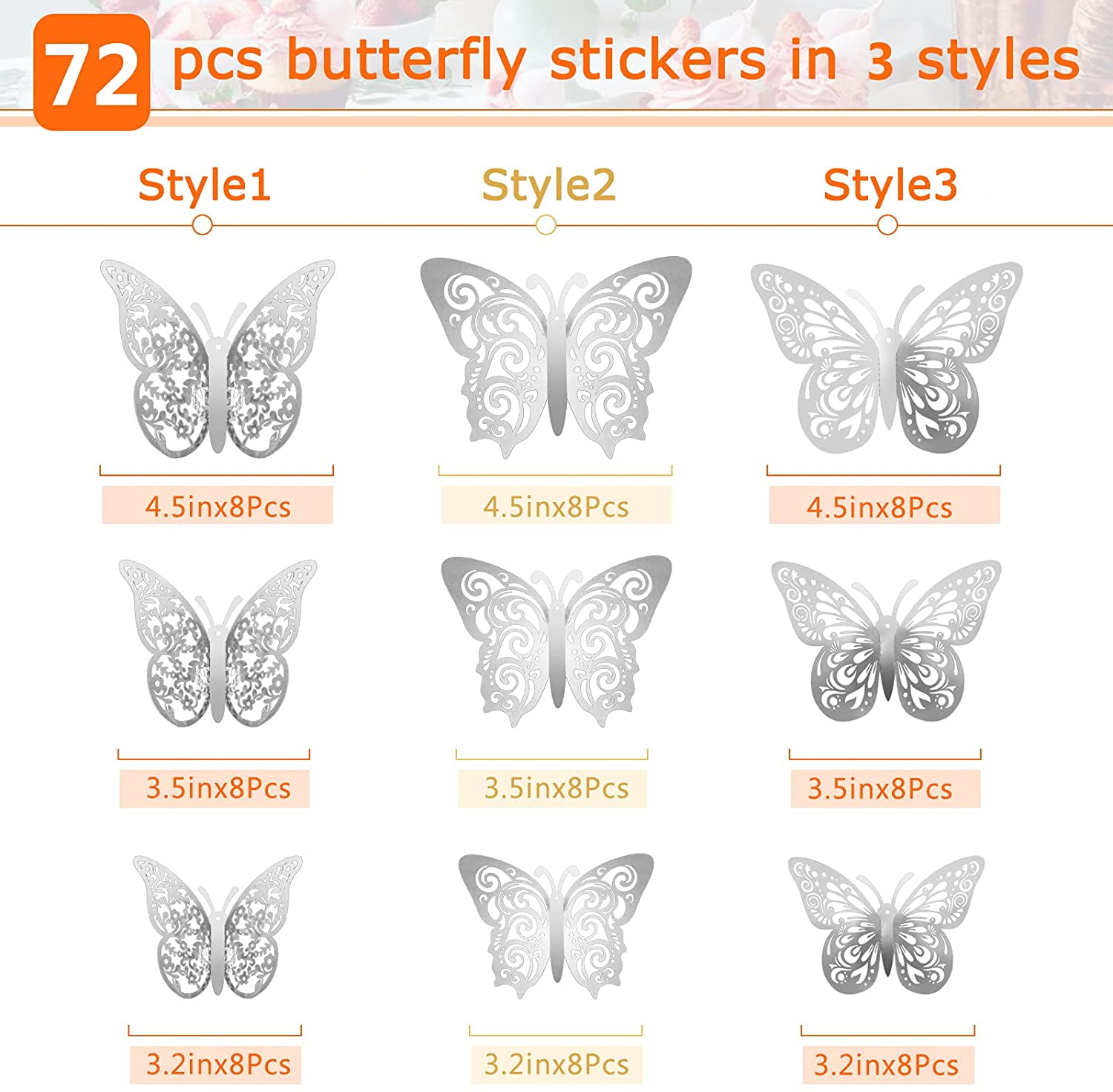 InsuWood 72 Pcs 3D Butterfly Wall Decor Stickers, 3 Styles 3 Sizes Silver  Butterfly Decorations for Butterfly Party Birthday Cake Decorations, Flower
