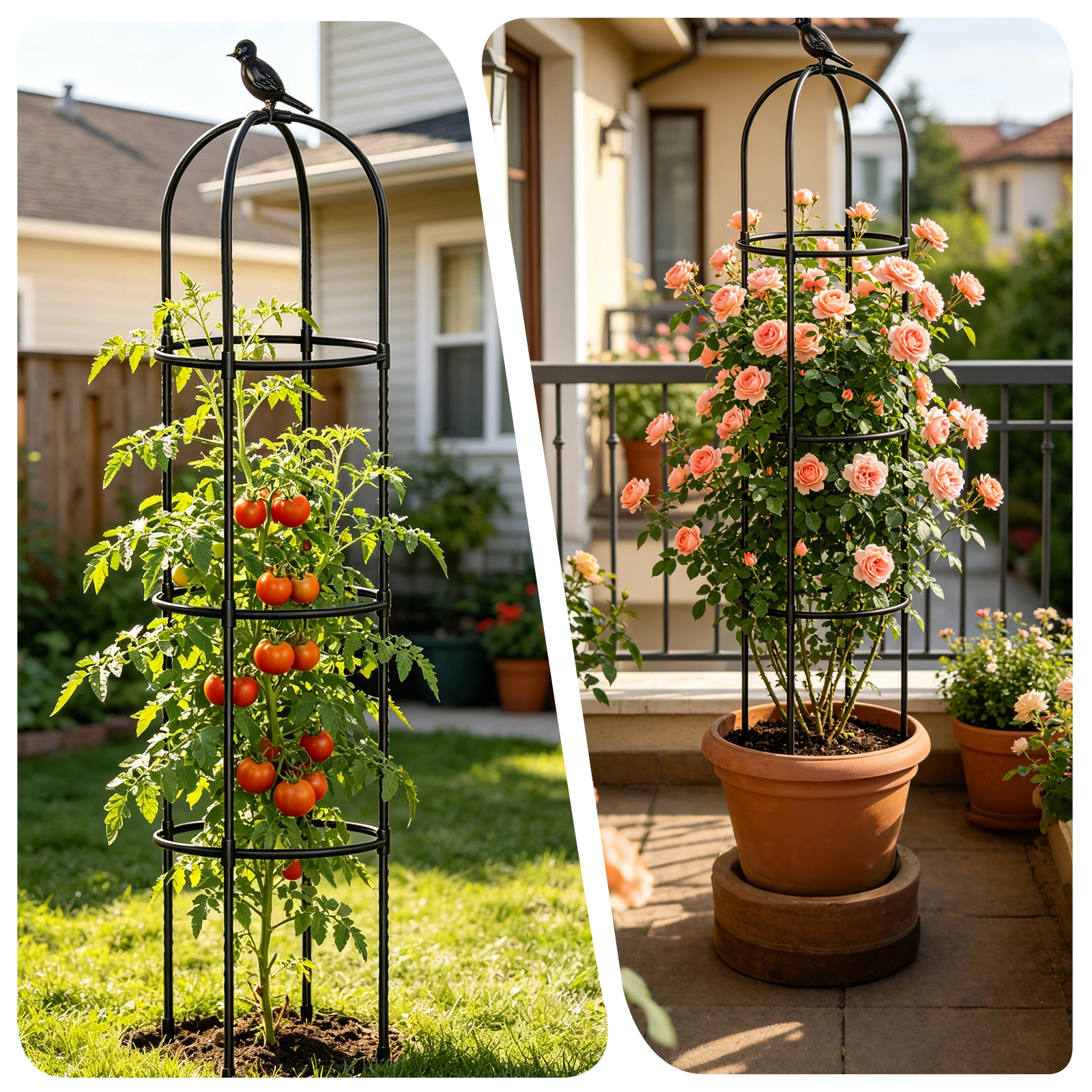 Garden Obelisk Trellis for Climbing Plants Outdoor,63in Tomato Cage, Rose, Flowers, Grape, Pea, Cucumber Trellis, Rustproof Plastic Coated Metal Plant Support Trellis for Potted Plants (2 Pack)