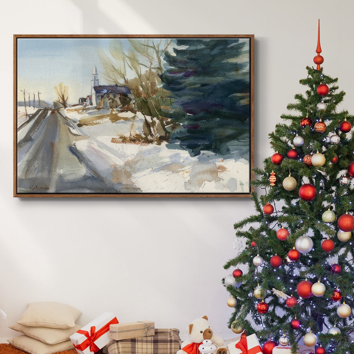 Congregational Church in Winter - Framed Gallery Wrapped Holiday Canvas - 27 x 41 - Rosewood Frame