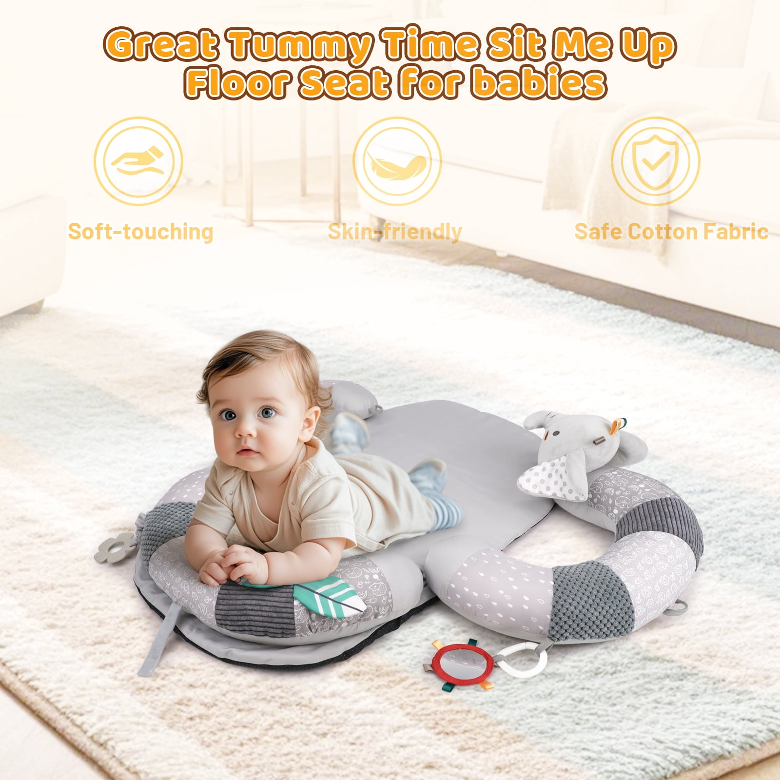 Blublu Park 3-in-1 Baby Sit Me Up Floor Seat, Detachable Pillow Tummy Time Mat Anti-Reflux Lounger, Grey