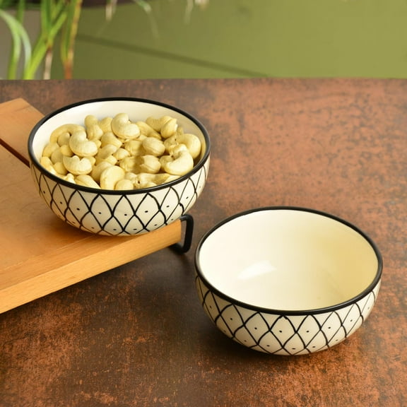 Hand Painted Black & White Spiral Ceramic Serving Bowls Set Of 2 - 5 Inches, 325ml Each | Salad Bowls | Maggie Bowls | Microwave & Dishwasher Safe Vegetable, Pasta, Snack Serving Bowls