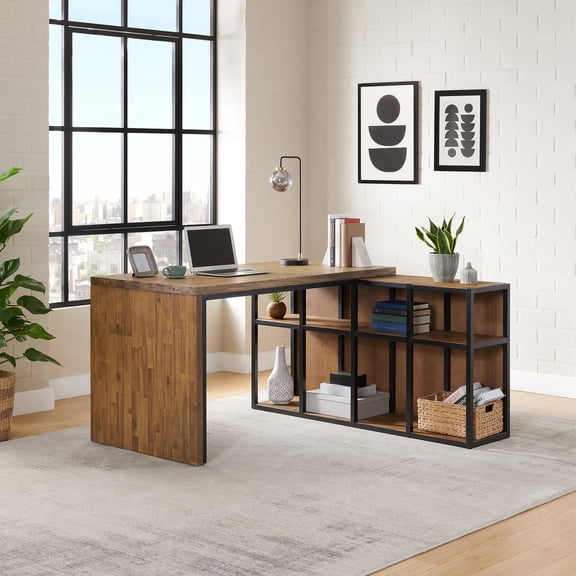 Alaterre Furniture Lloyd Acacia Wood 55"W Corner Desk with Storage Credenza, Natural