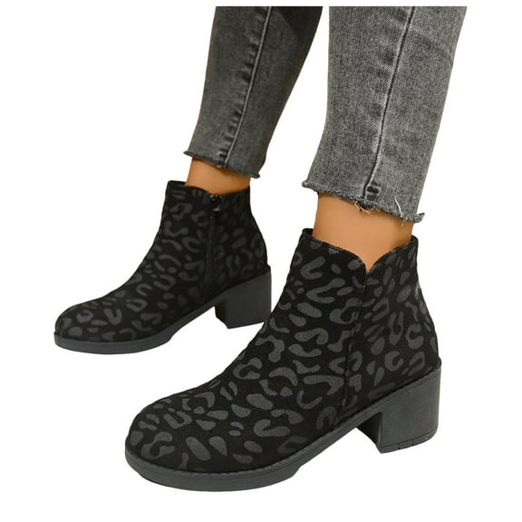 Mostsola Womens Black Boots Leopard Print Round Toe Chunky Heel Winter Fall Ankle Boots Zip up Booties
