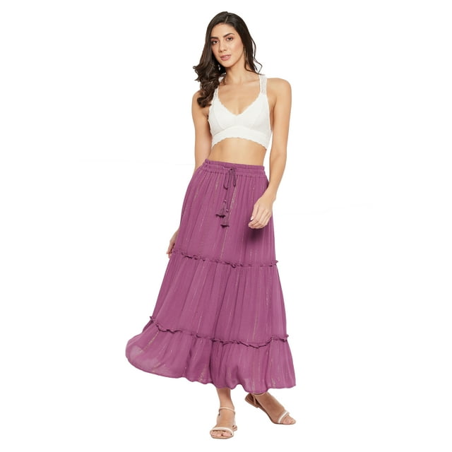 Women Solid Skirt Long Ruffle Layered Ladies Skirts for Summer with Elastic Waist Online