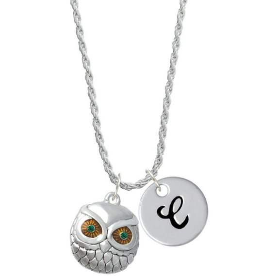 Delight Jewelry Silvertone Large Round Owl with Green Crystal Eyes Silvertone Script Initial Disc - C - Charm Necklace, 20"+3"