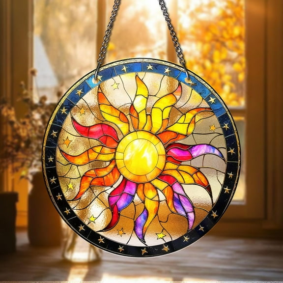 Boho Sun STAINED GLASS Suncatcher â€“ Vibrant Celestial Sun Face Window Hanging â€“ Colorful Sunburst Art Panel for Garden or Home Decor Gifts