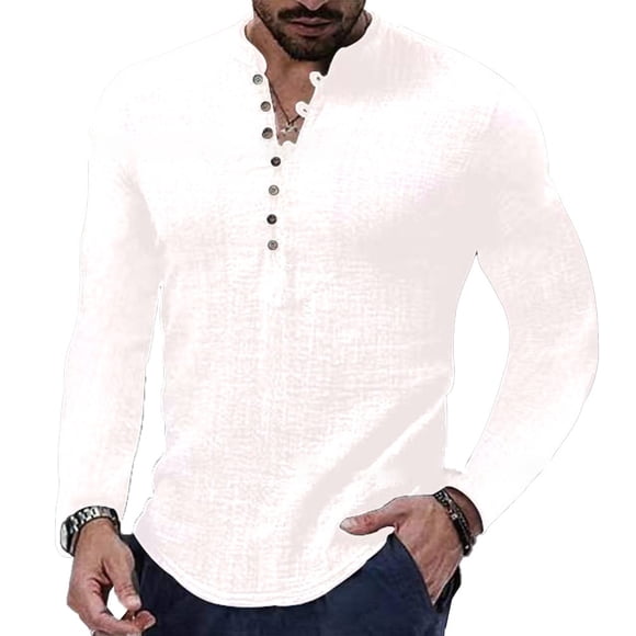 Mens Casual Long Sleeve Linen Shirt Cotton Linen Blouse Loose Tops T Shirts