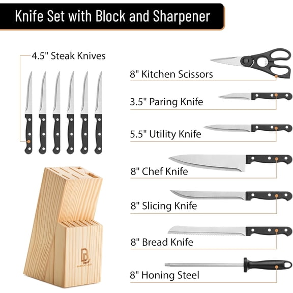DFVYU-- Kitchen Knife Set, 14 pcs, Stainless Steel Knife Set with Block and Sharpener