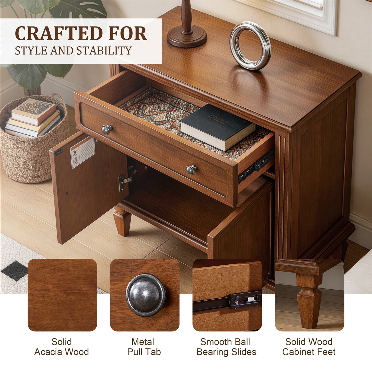 Hommoo Farmhouse Nightstand with Built-in Charging Station, Wood Bedside Table with Drawer & Double-Door Cabinet, USB/Type-C Ports, AC Outlets for Bedroom or Living Room, Walnut