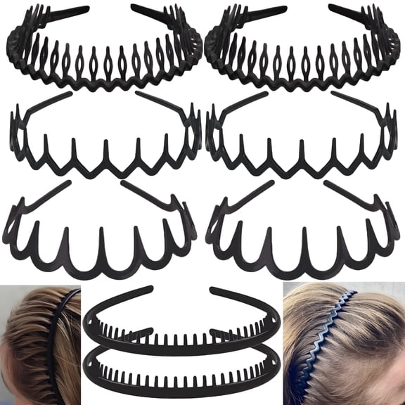 TUWAFE 8 PCS Plastic Headbands for Women with Teeth, Non Slip Zig Zag Headbands for Women Men Teen Girls, Matte Black