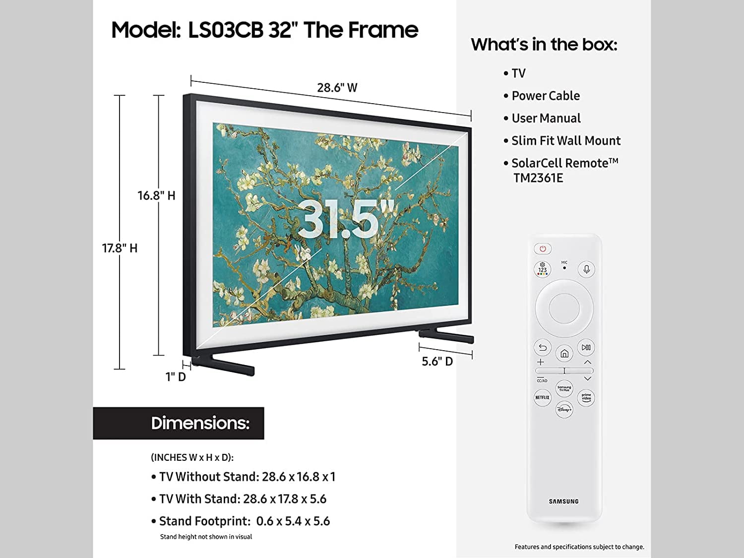 Samsung QN32LS03CBFXZA 32 Inch The Frame QLED Smart TV with Art Mode and an Additional 2 Year Extended Amber Protection (2023)