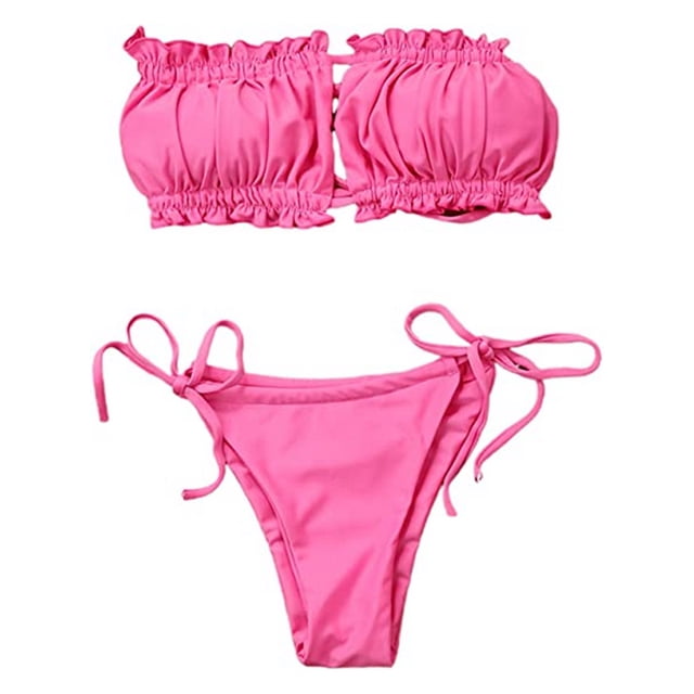 Bikini plisado Sexy para mujer, traje de baño hueco con tirantes con volantes, traje de baño acolchado con encaje de Color puro