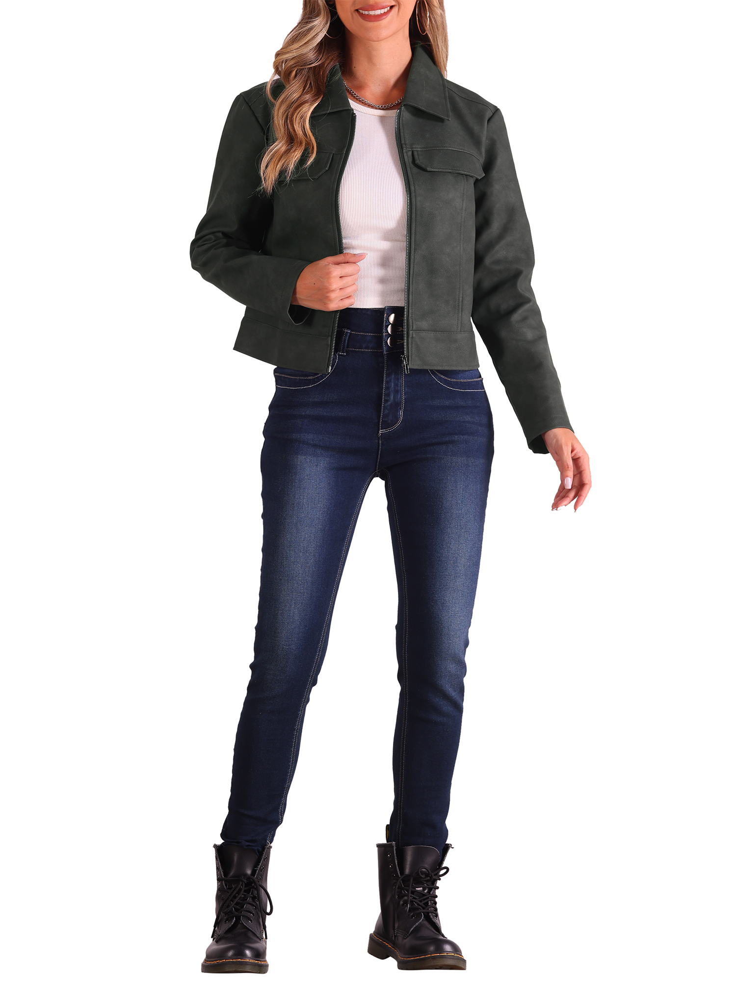 INSPIRE CHIC Women's Faux Leather Jacket Turndown Collar Long Sleeve Zip Jackets L Black
